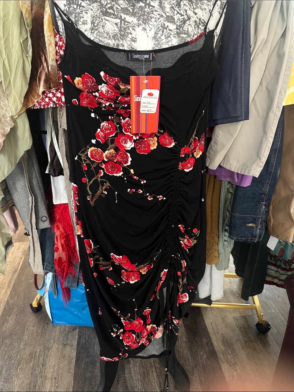 Sinéquanone Paris Floral Ruched Midi Dress Black Red Cherry Blossom Print T3